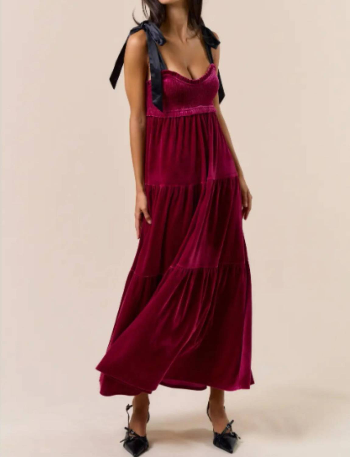 Lalavon - Women's Velvet Satin Bow Shoulder Tie Maxi Dress