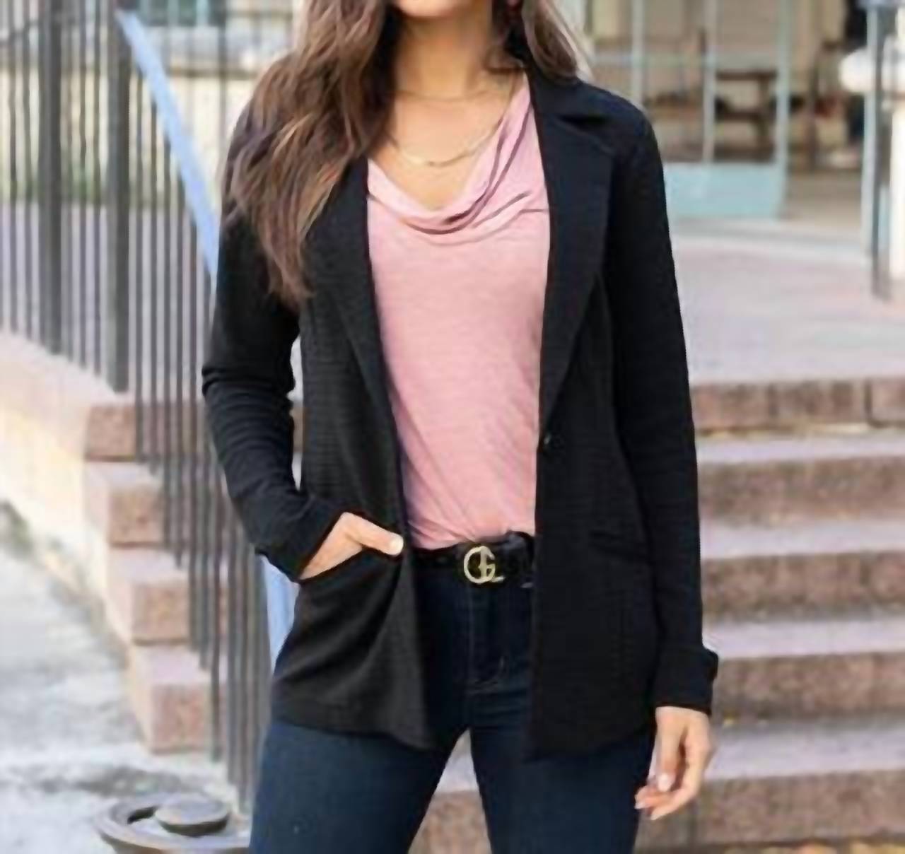 Grace and Lace Textured Front Button Blazer in black - women's jacket - view 4