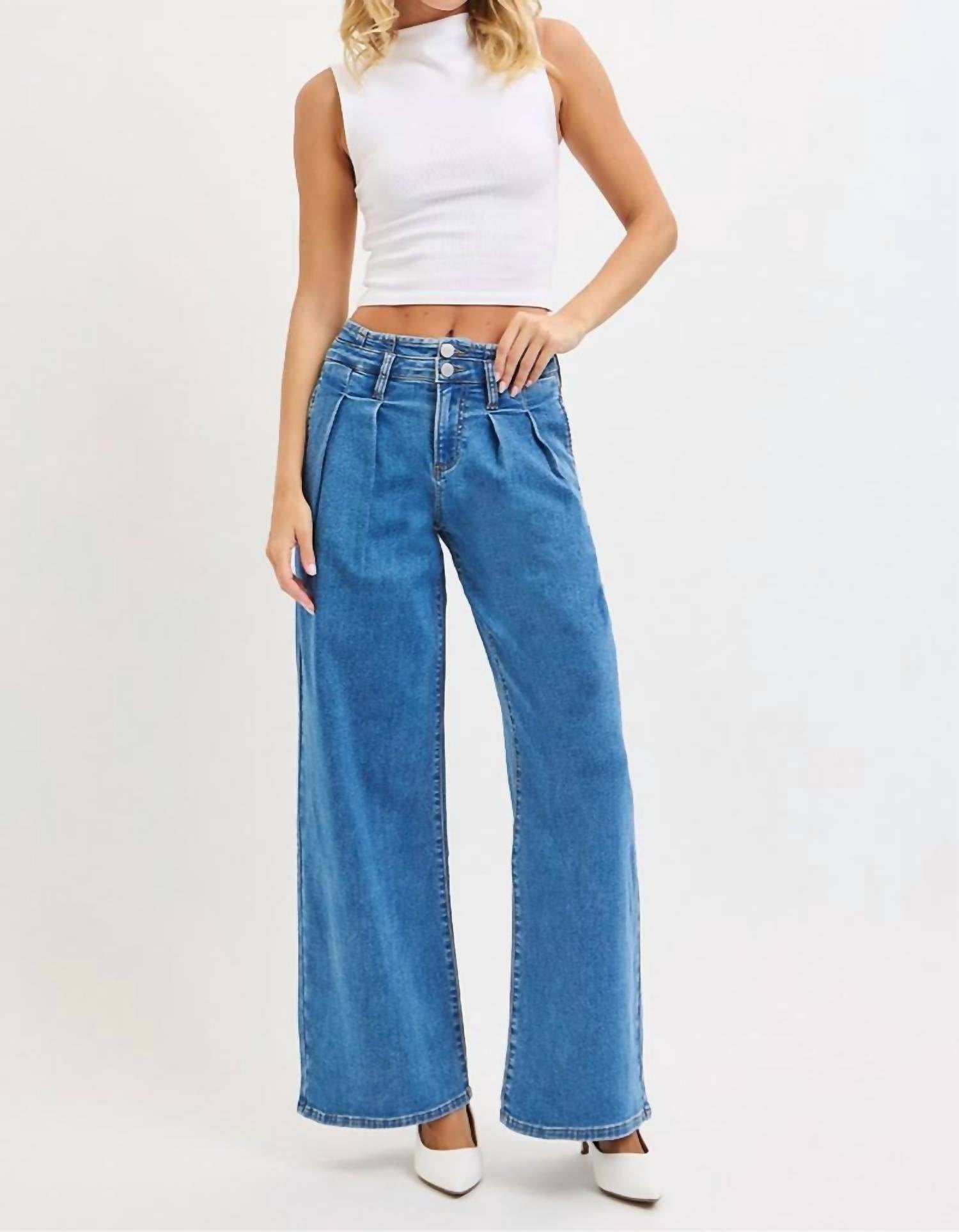RISEN Sutton Slouchy Wide Leg Pleated Jeans in medium wash - women's jeans - view 4