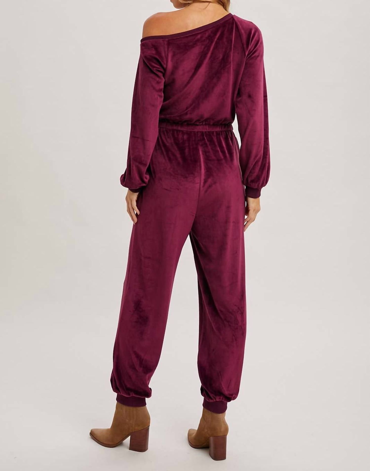 Bluivy - Velvet One Shoulder Boat Neck Jumpsuit