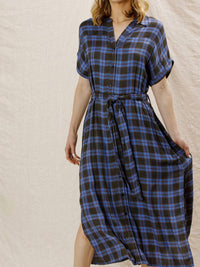 En Creme - Plaid Button Down Belted Shirt Dress