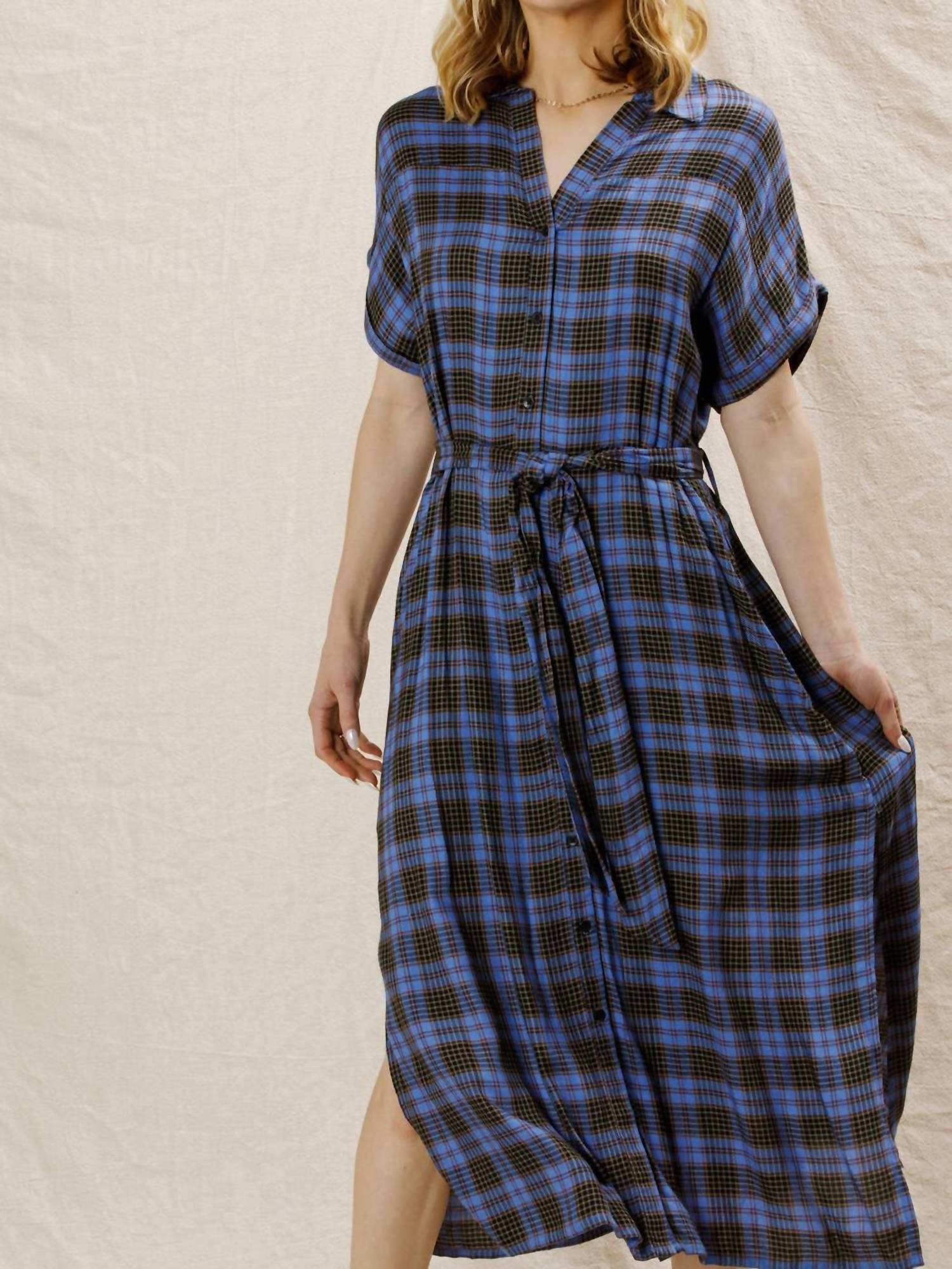 En Creme - Plaid Button Down Belted Shirt Dress