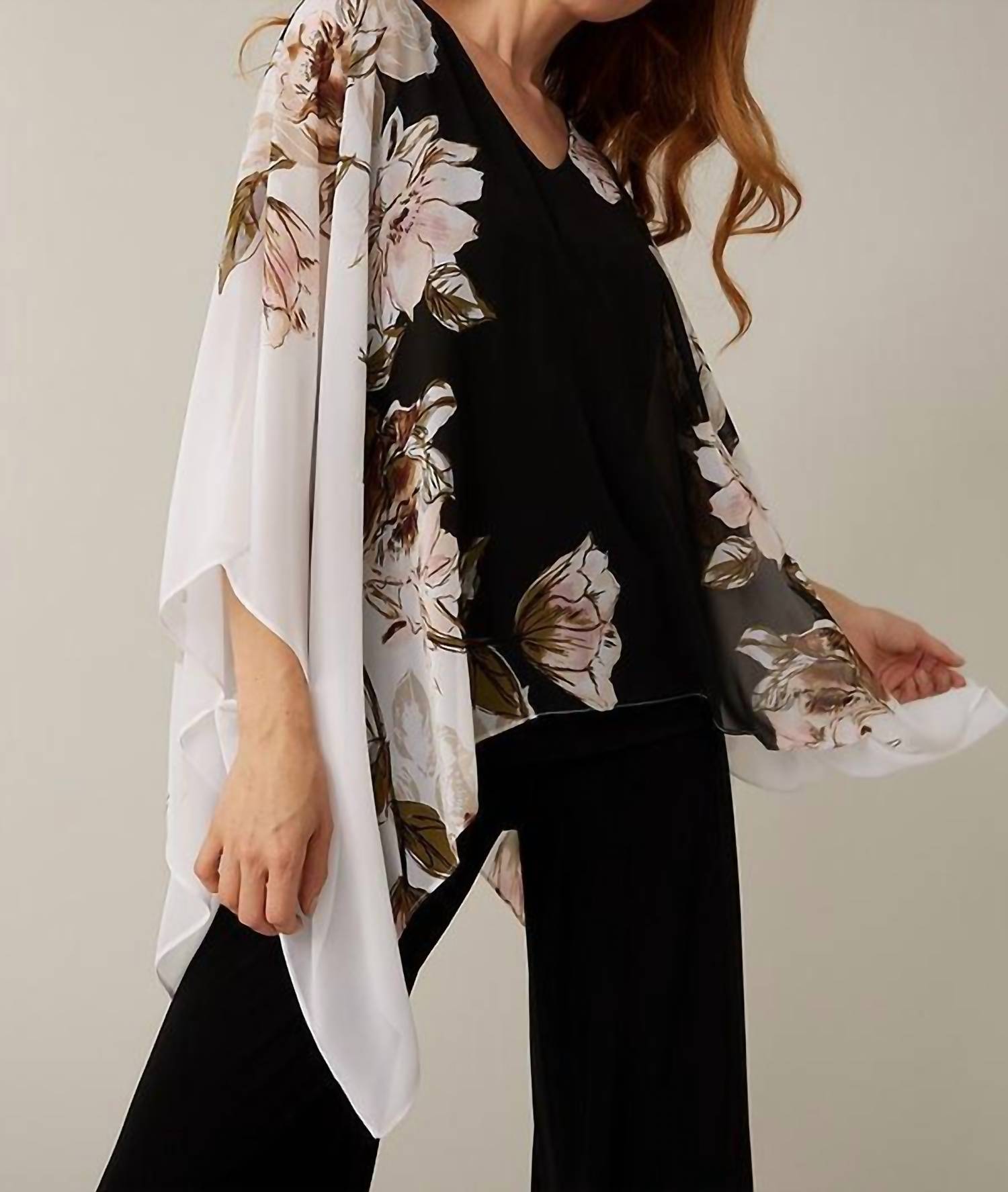 Joseph Ribkoff Cape Sleeve Top in black white and floral - women's blouse - alternate view