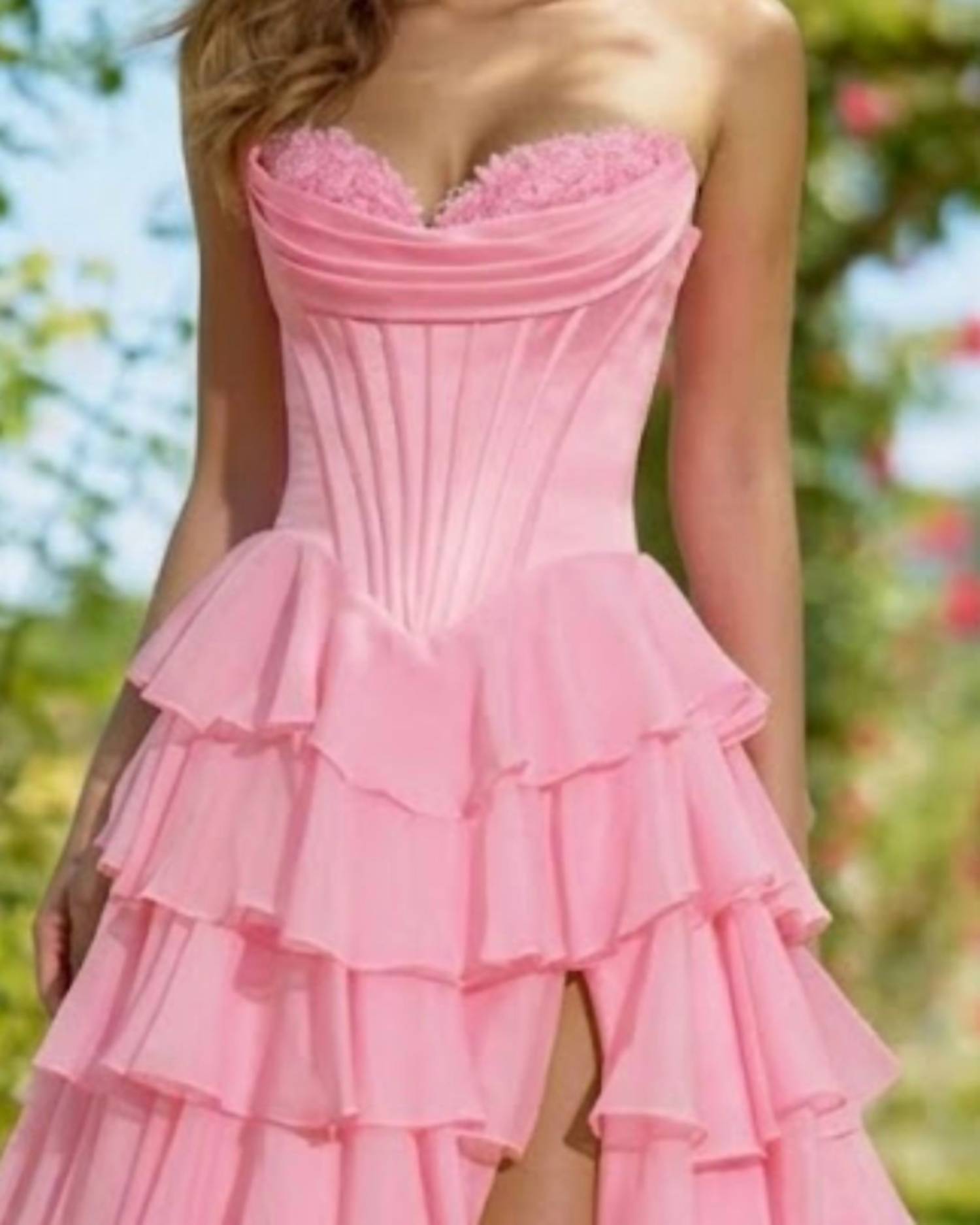 Sherri Hill Strapless Satin Corset Ball Gown With Chiffon Ruffle Slit Skirt in candy pink - women's dress - detail view