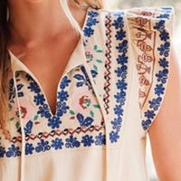 Bluivy - Boho Embroidered Ruffled Sleeve Tasseled Drawstring Top Linen Blend