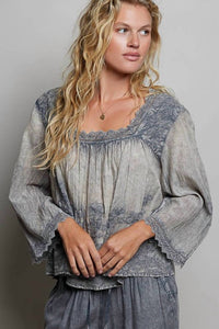 Pol - Vintage Washed Floral Lace Trim Top