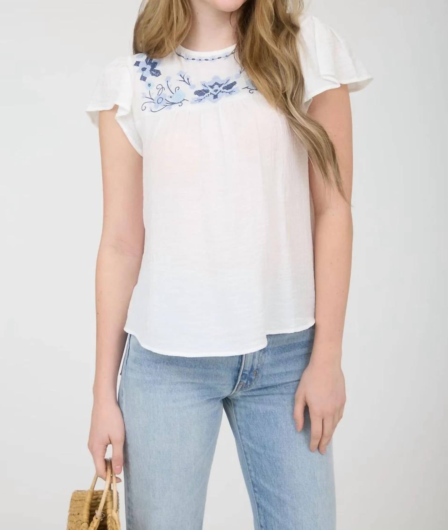 Blu Pepper - Floral Embroidery Flounce Sleeve Top