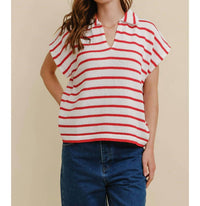 Cloud Ten - Striped Collared V Neck Top