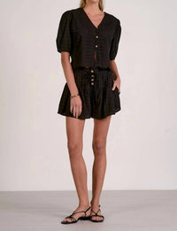 Elan - Eyelet Short Sleeve Button Front Top