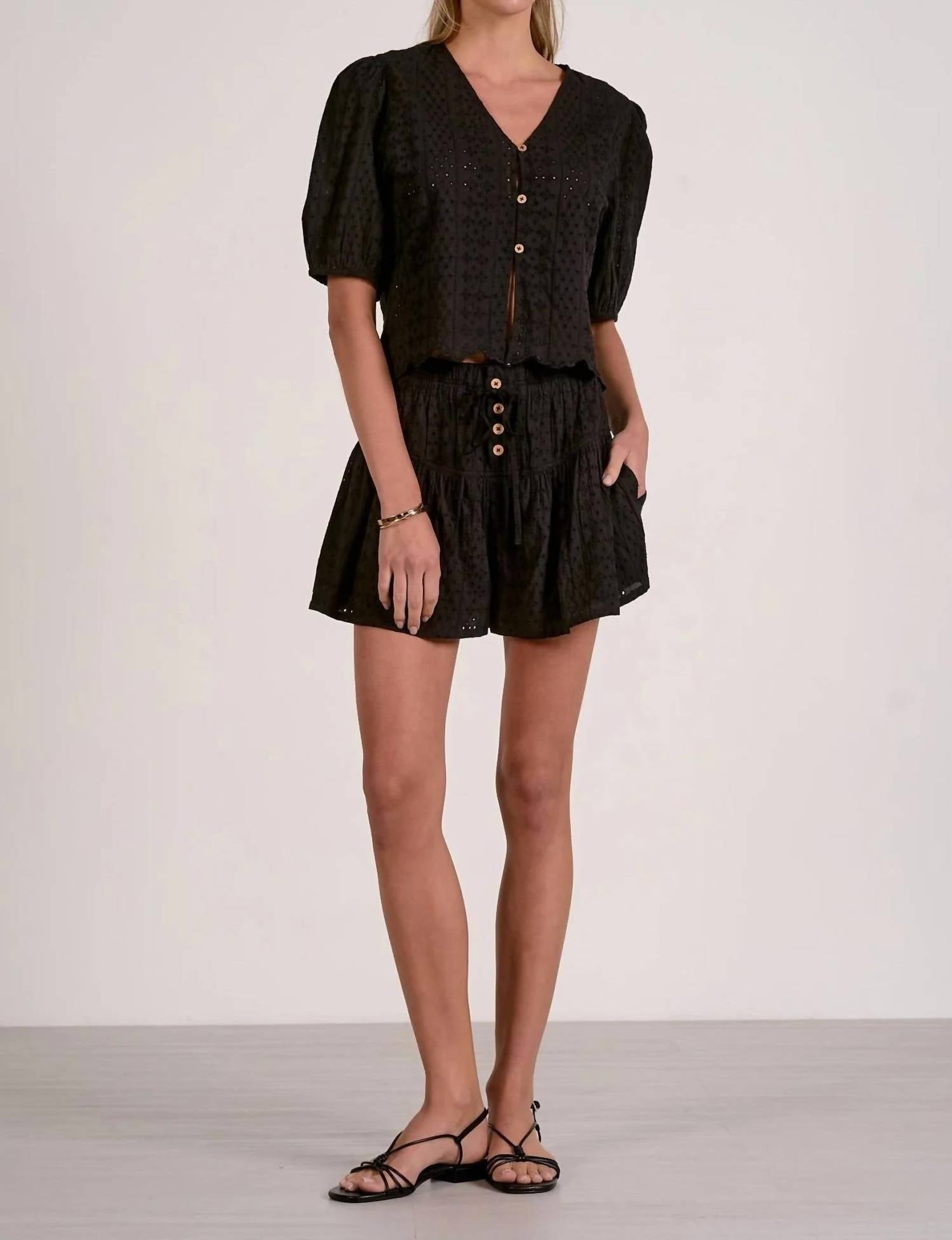 Elan - Eyelet Short Sleeve Button Front Top
