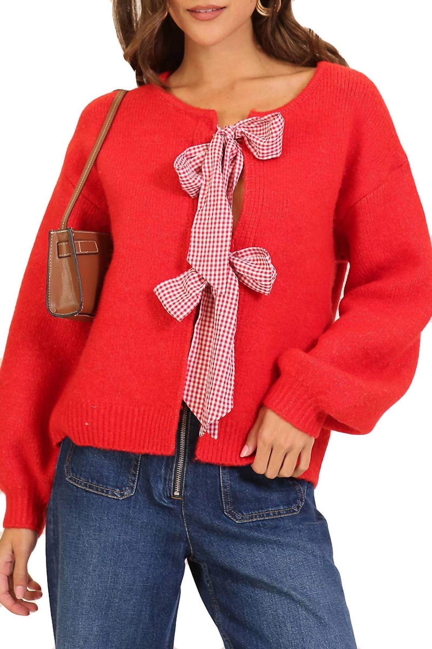 Lumiere - Tilly Gingham Bow Tie Knit Sweater