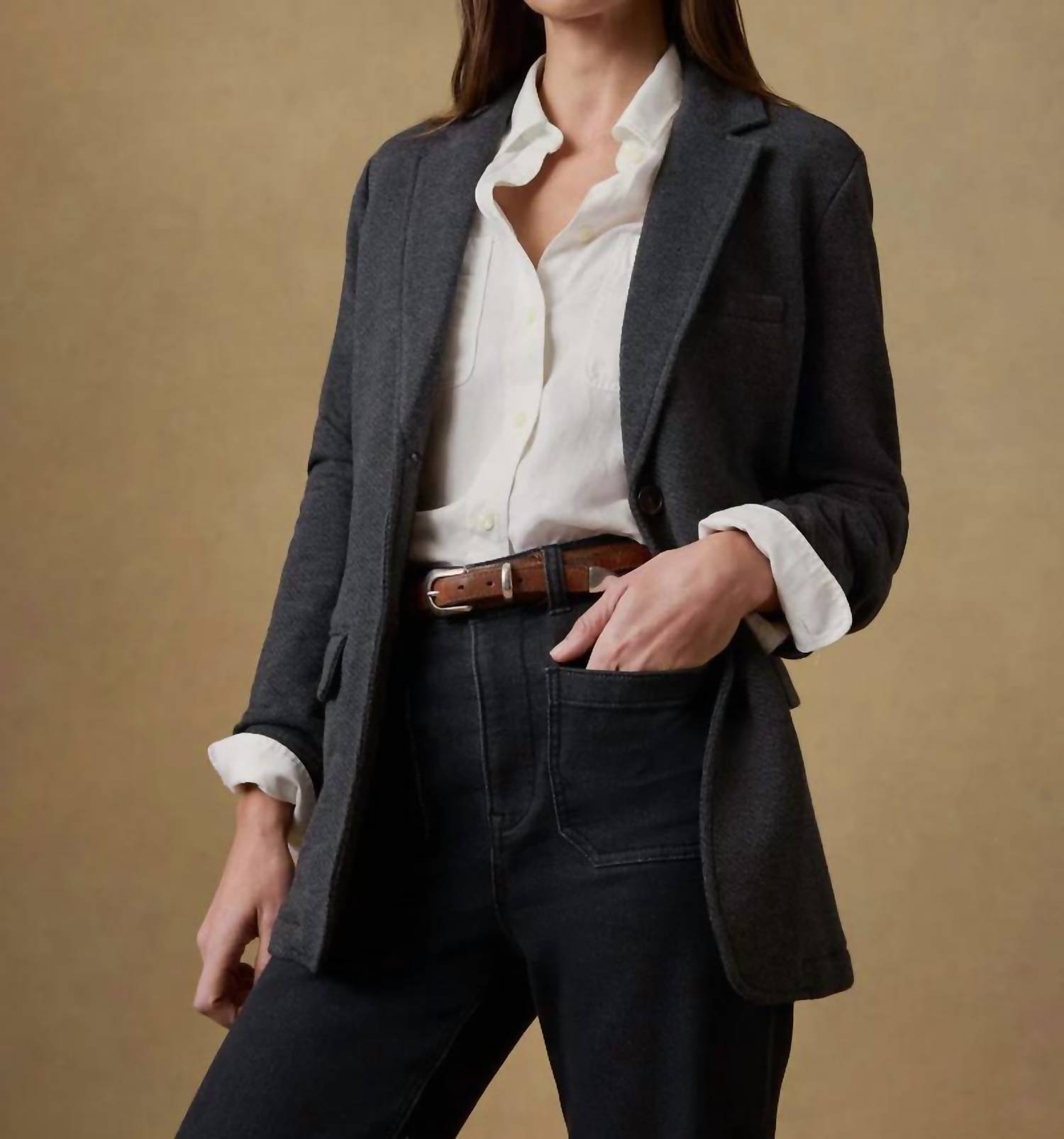 Faherty Inlet Knit Blazer in black sky melange 1 - women's jacket - detail view