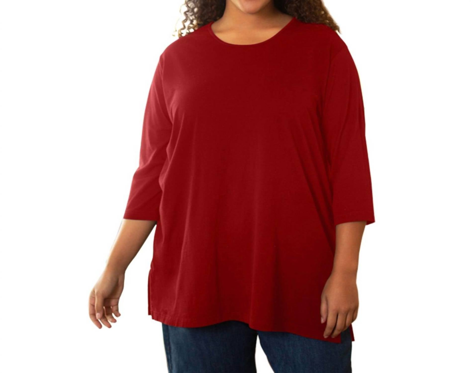 On The Plus Side - Cotton U-Neck 3/4 Sleeve Tee - Plus