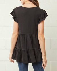 entro Tiered Ruffle Babydoll Top in black - women's blouse - detail view