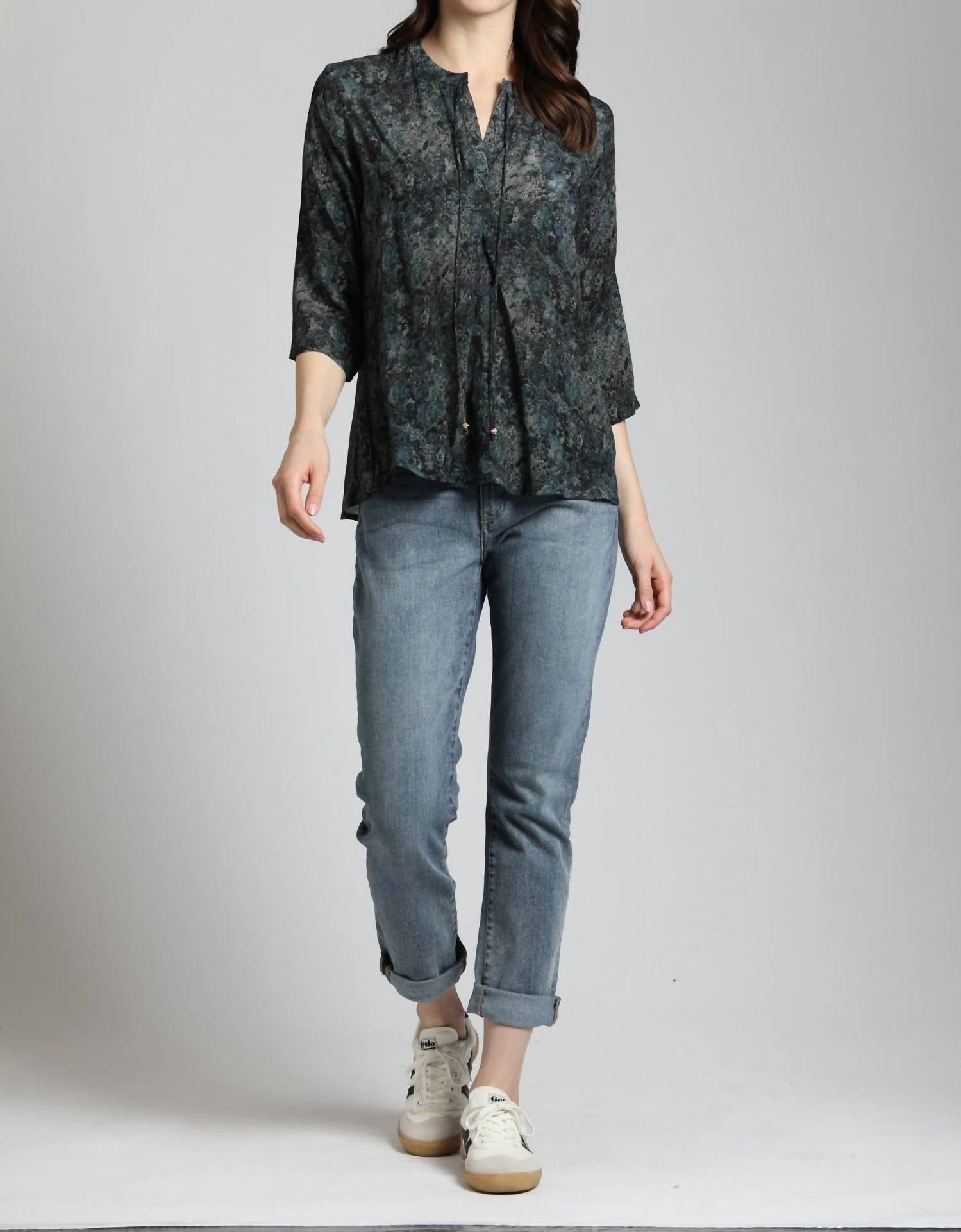 Apny - Lace Print V-neck W/ Tassel Blouse