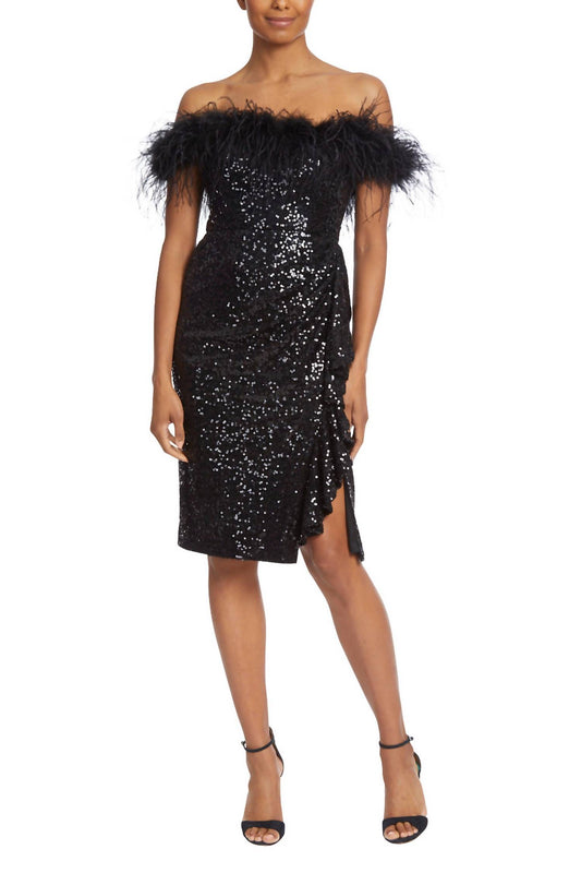 FEATHER SEQUIN STRAPLESS DRESS