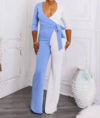 Surelymine - Sky & Ivory Colorblock Wrap Jumpsuit