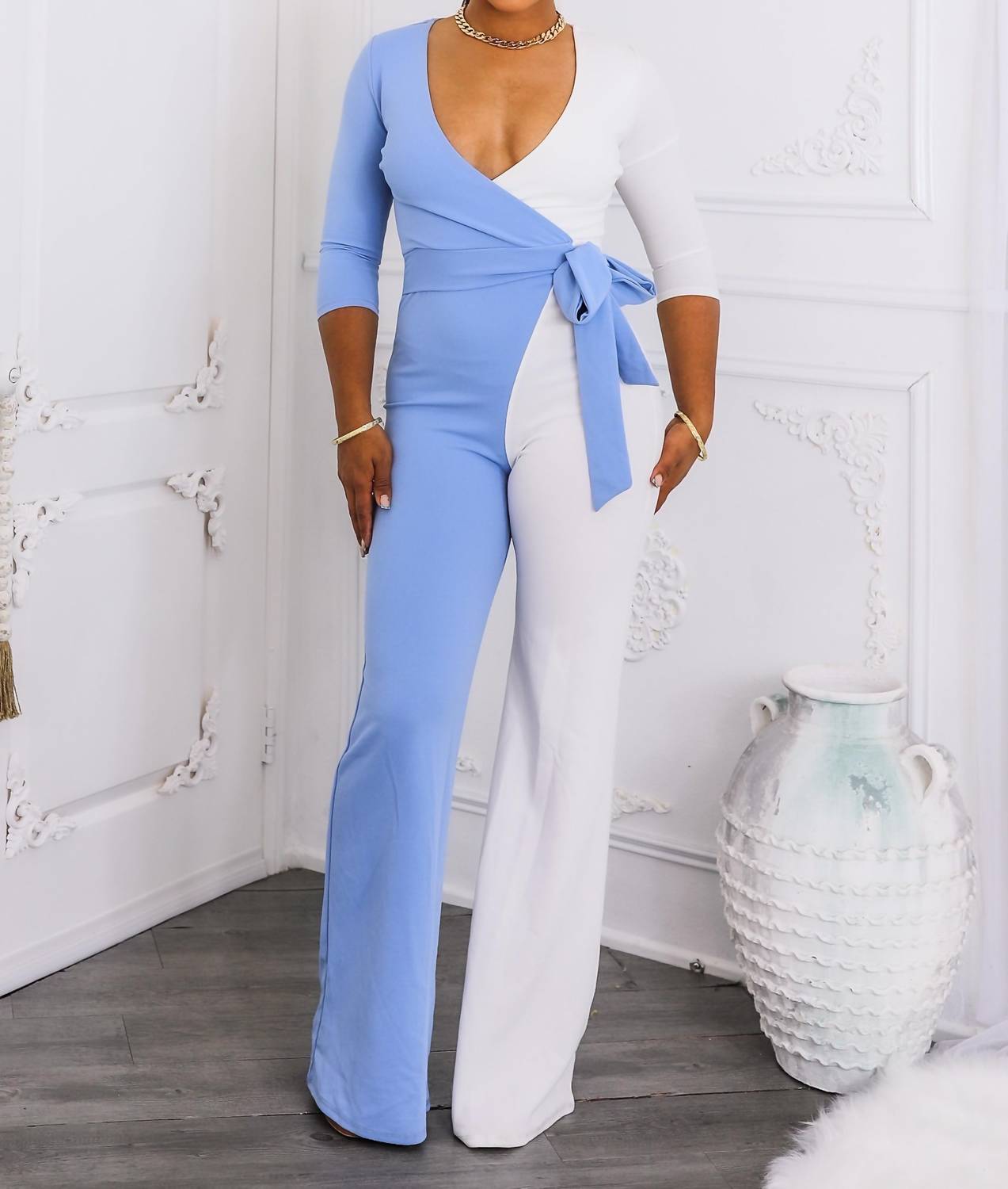 Surelymine - Sky & Ivory Colorblock Wrap Jumpsuit