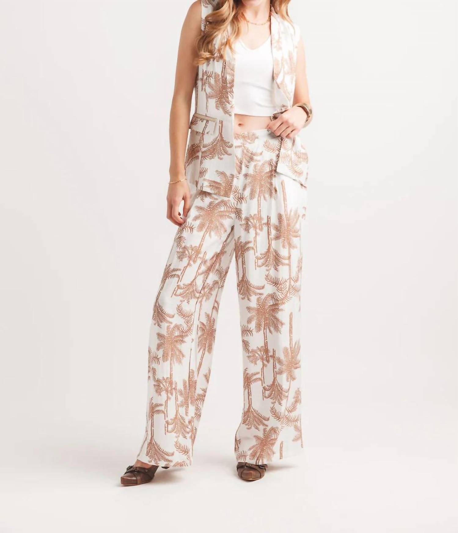 Papillon Palm Print Wide Leg Pants With Elastic Back in white brown - women's pants