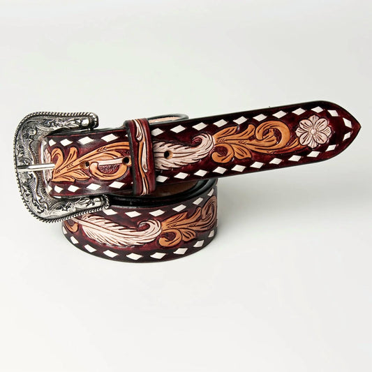 American Darling - Women's Feather Floral Tooled Buckstitch Leather Belt