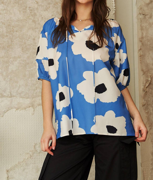 Davi & Dani - Floral Tie Front Puff Short Sleeve Blouse