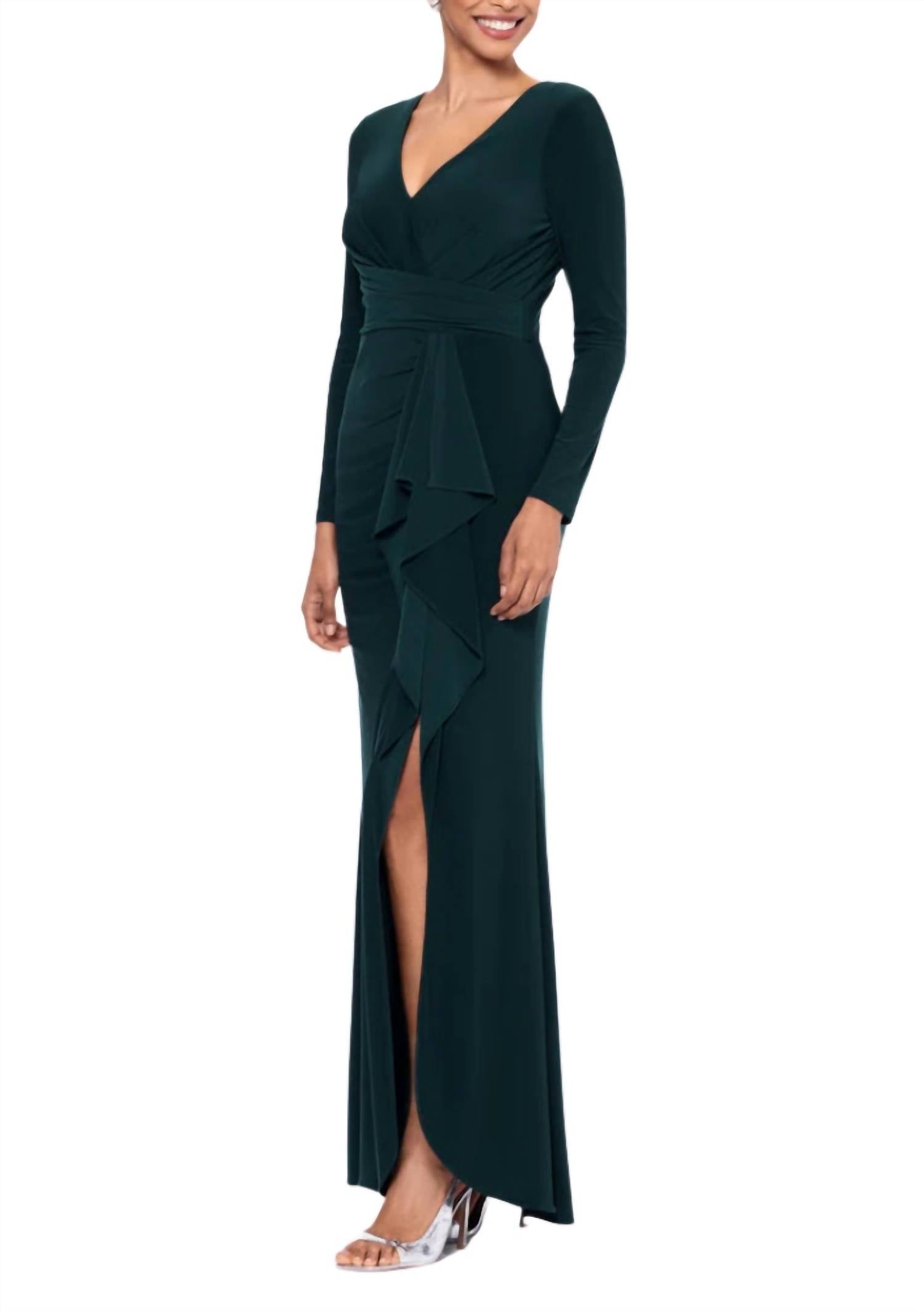 Betsy & Adam - Women's Elle Deep High Ruffled Side Slit Gown Dress
