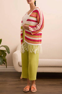 Tribal - Tae Three Quarter Sleeve Open Front Crochet Sweater Wth Fringe
