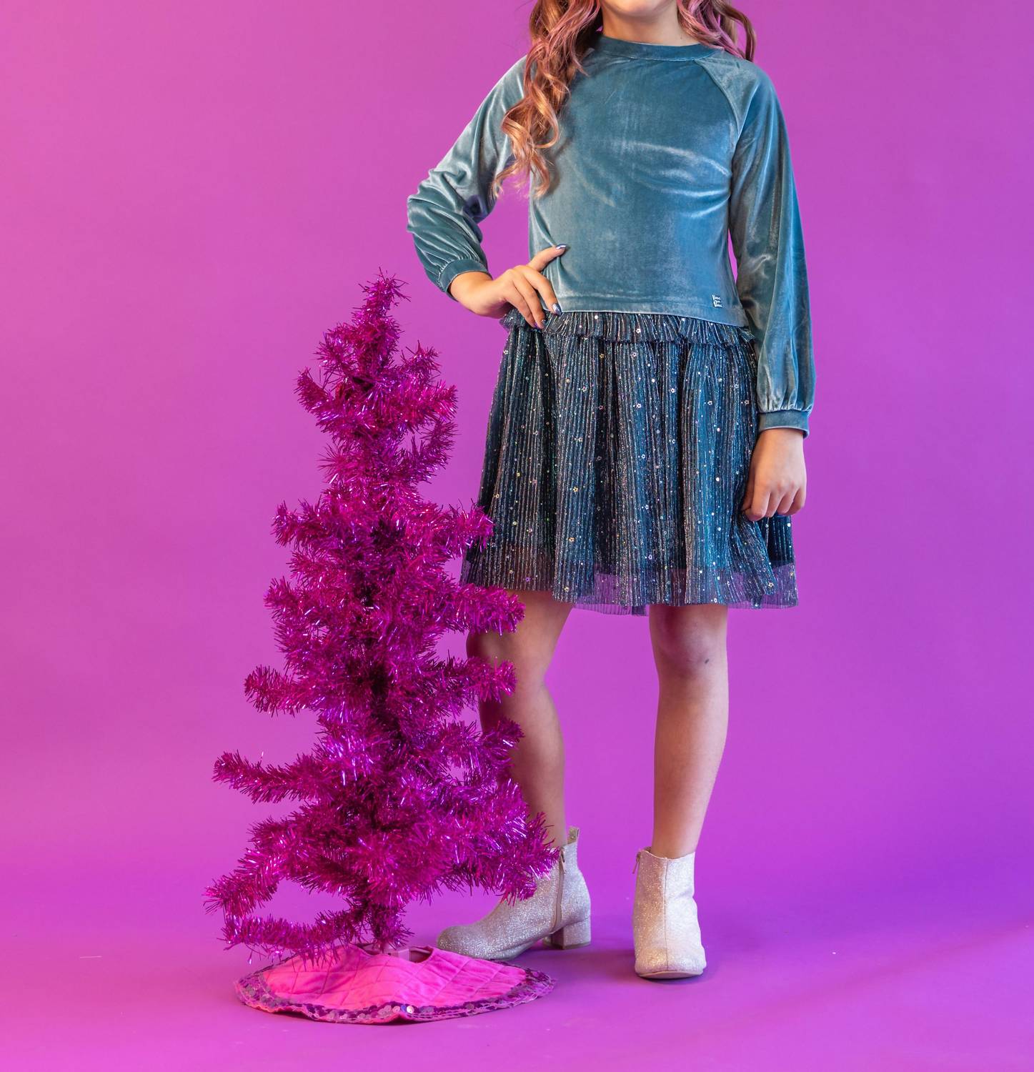 Deux Par Deux - Girl's Bi-material Velvet And Pleated Mesh Dress