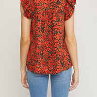 entro Floral Ruffle Sleeve Top in black - women's blouse - alternate view
