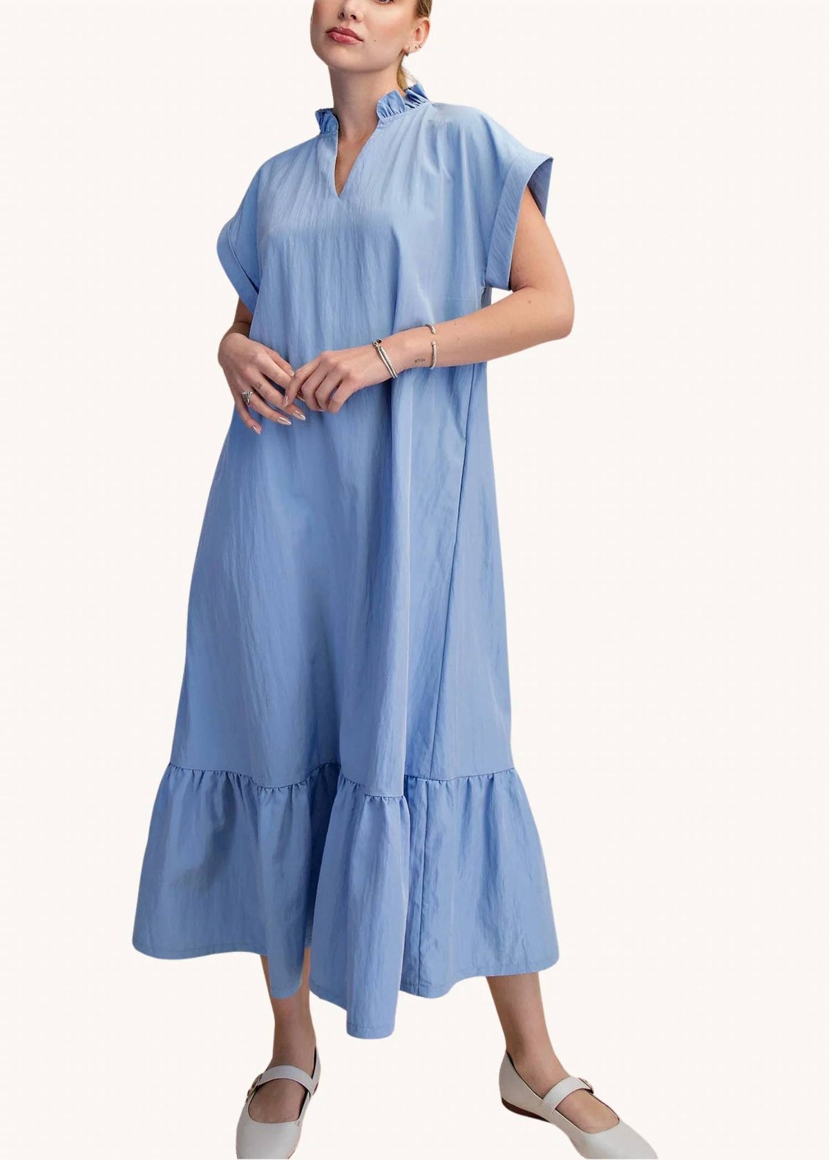 Glam - Ruffle Neck Relaxed Midi Dress