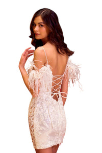 Sherri Hill Feather Sleeve Sequin Lace Dress in ivory - women's dress - alternate view