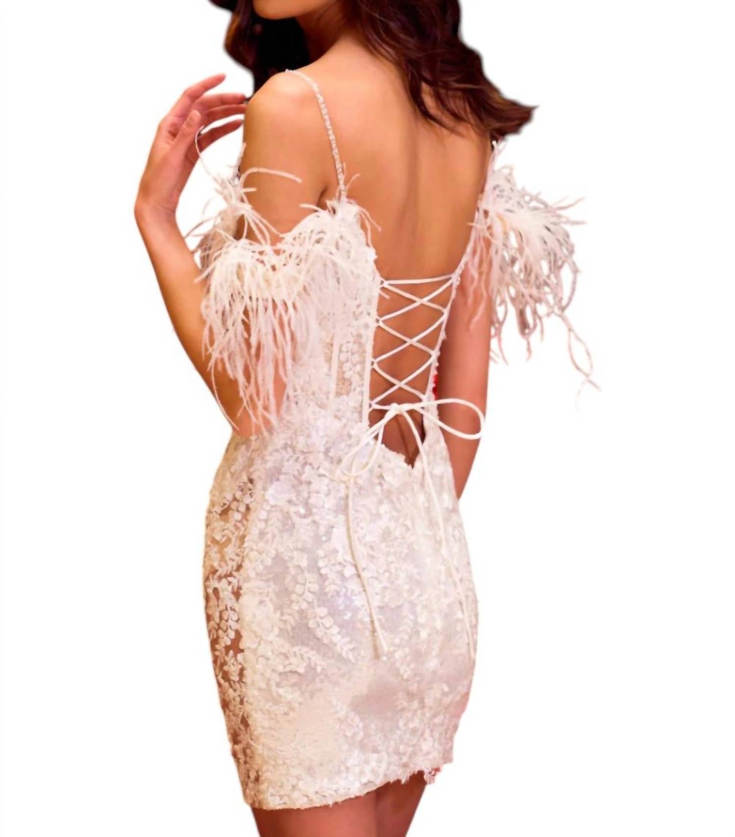 Sherri Hill Feather Sleeve Sequin Lace Dress in ivory - women's dress - detail view