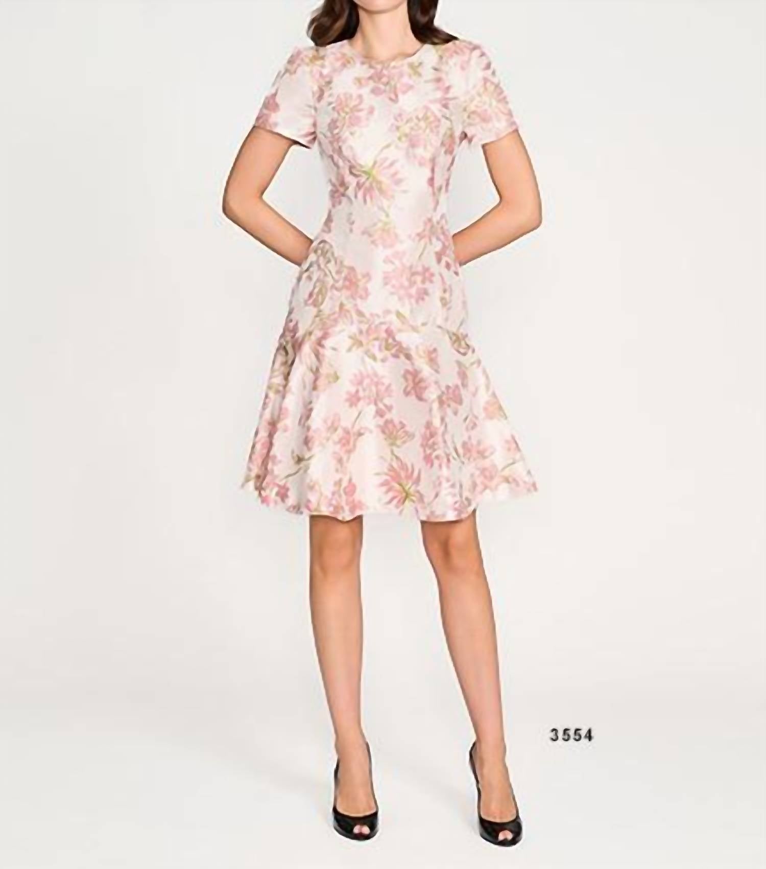 Bigio Collection - Floral Jacquard Short Sleeve Flare Hem Cocktail Dress