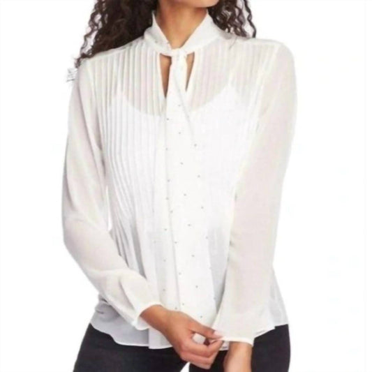 1.State - Sheer Drapey Neck Tie Studs Long Sleeve Blouse