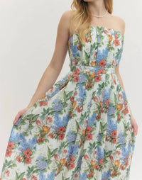 Entro - Floral Strapless Pleated Midi Dress