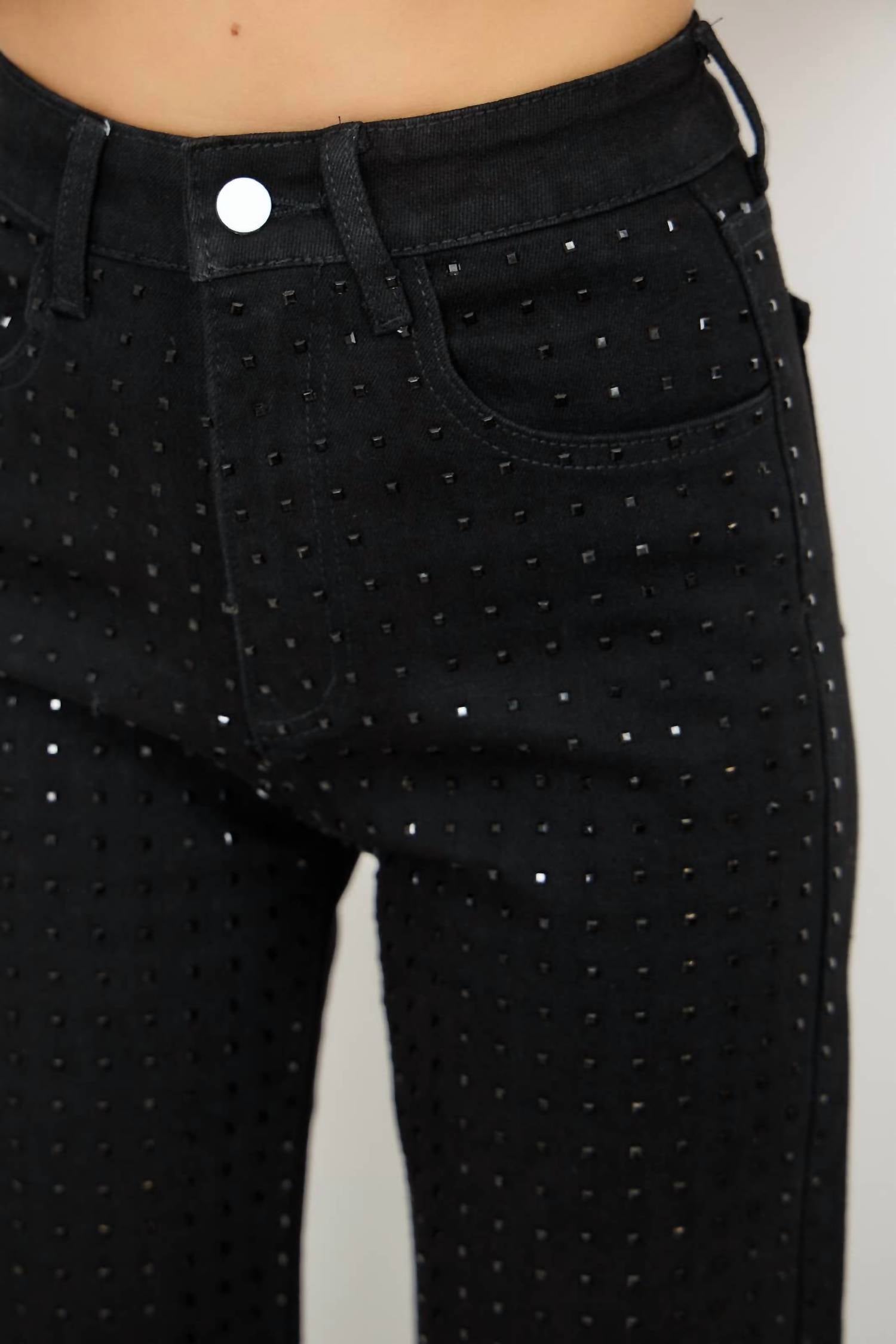 Kiwi - Rhinestone High Waisted Stretch Wide Leg Denim Pants
