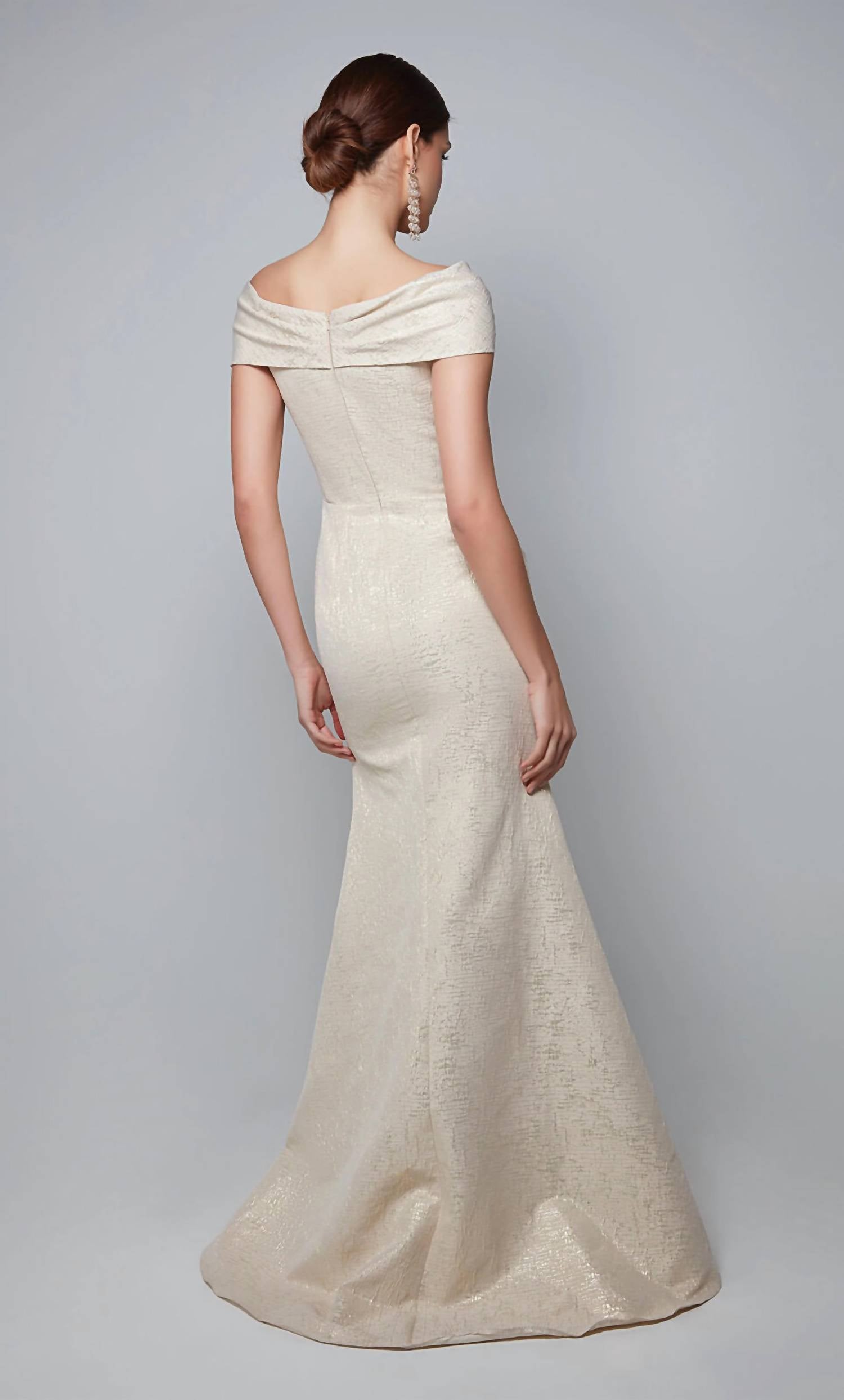 ALYCE PARIS Off The Shoulder Jacquard Dress in champagne gold - women's dress - detail view