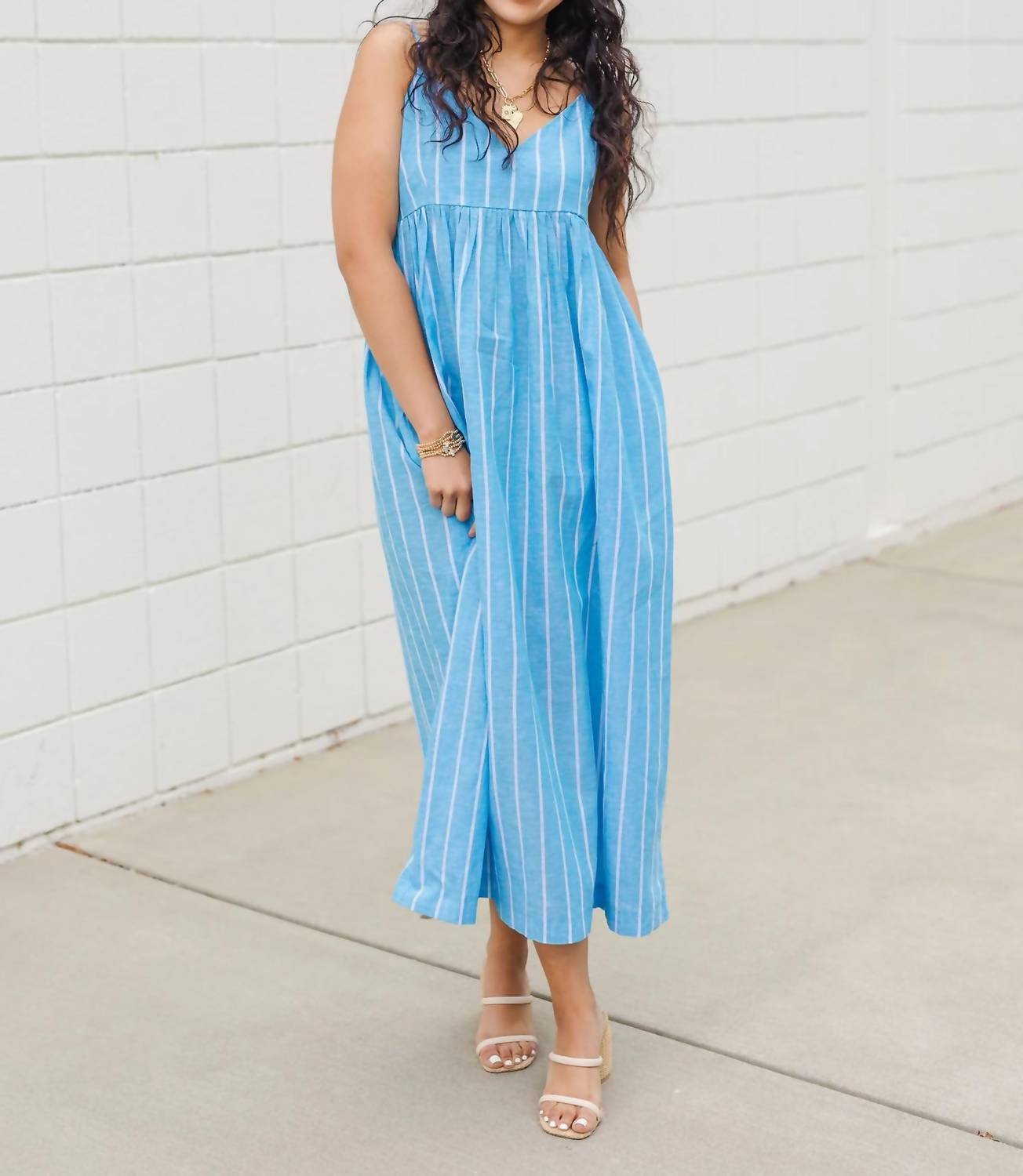 Olivaceous - Country Club Chambray Linen Striped Maxi Dress