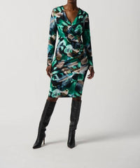 Joseph Ribkoff - Abstract Print Silky Knit Wrap Midi Dress With Ornament