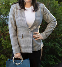 Entro - Plaid Print V-neck Long Sleeve Jacket