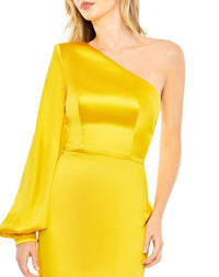 Ieena For Mac Duggal - Yellow One Shoulder Bishop Sleeve Trumpet Gown