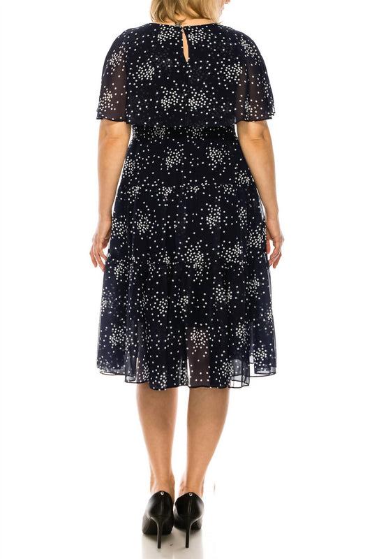 Maison Tara - Dot Print Sleeveless Cape Tiered A-line Midi Dress