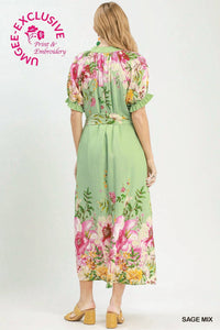 Umgee - Floral Border Print Midi Dress With Tie Belt