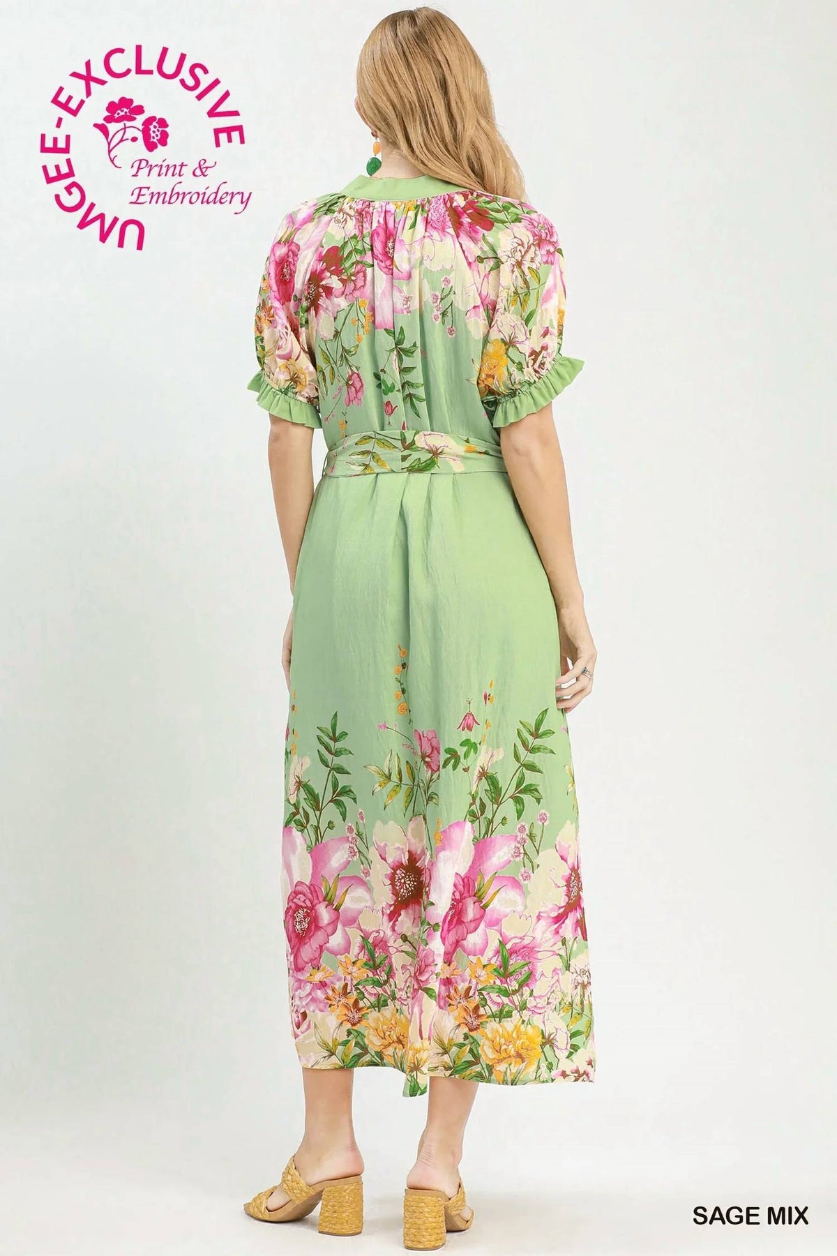 Umgee - Floral Border Print Midi Dress With Tie Belt