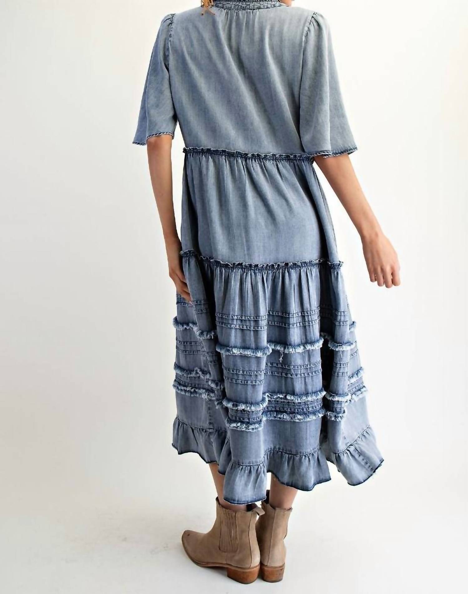 Easel - Flattering V-neck Denim Maxi Dress