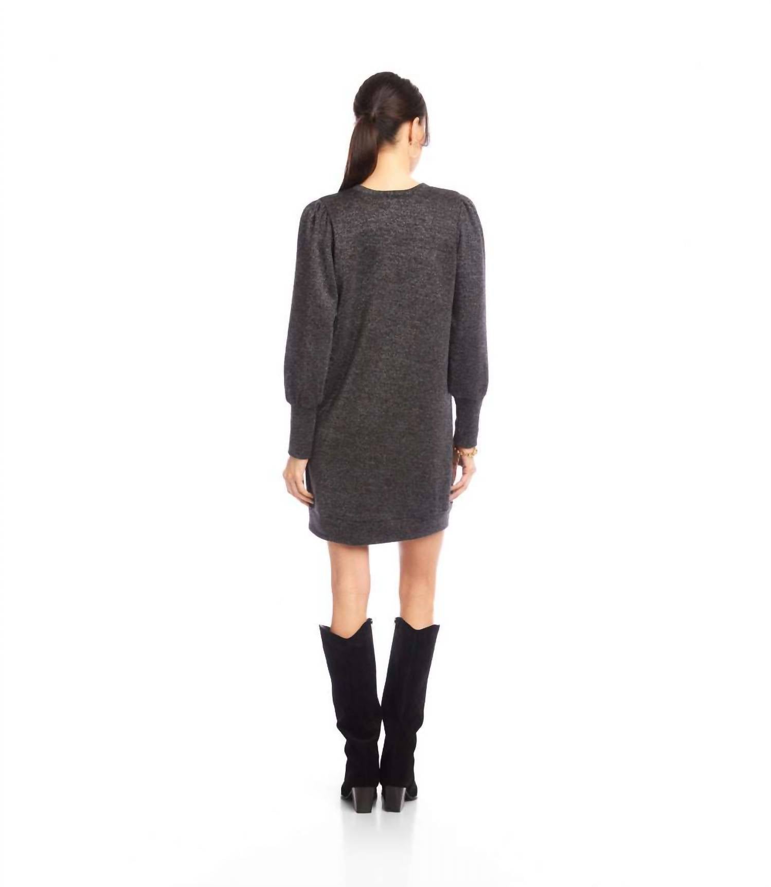 Karen Kane Puff Sleeve V-Neck Dress in black with silver - women's dress - detail view