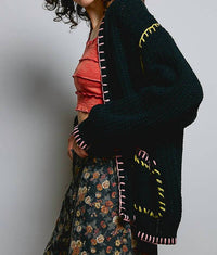 Pol - Solid Pattern Blanket Stitch Open Cardigan