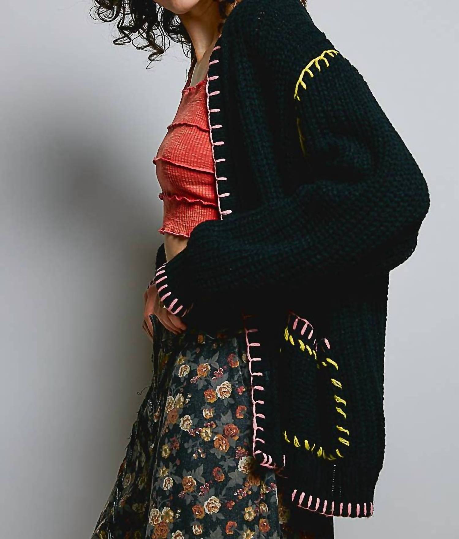 Pol - Solid Pattern Blanket Stitch Open Cardigan