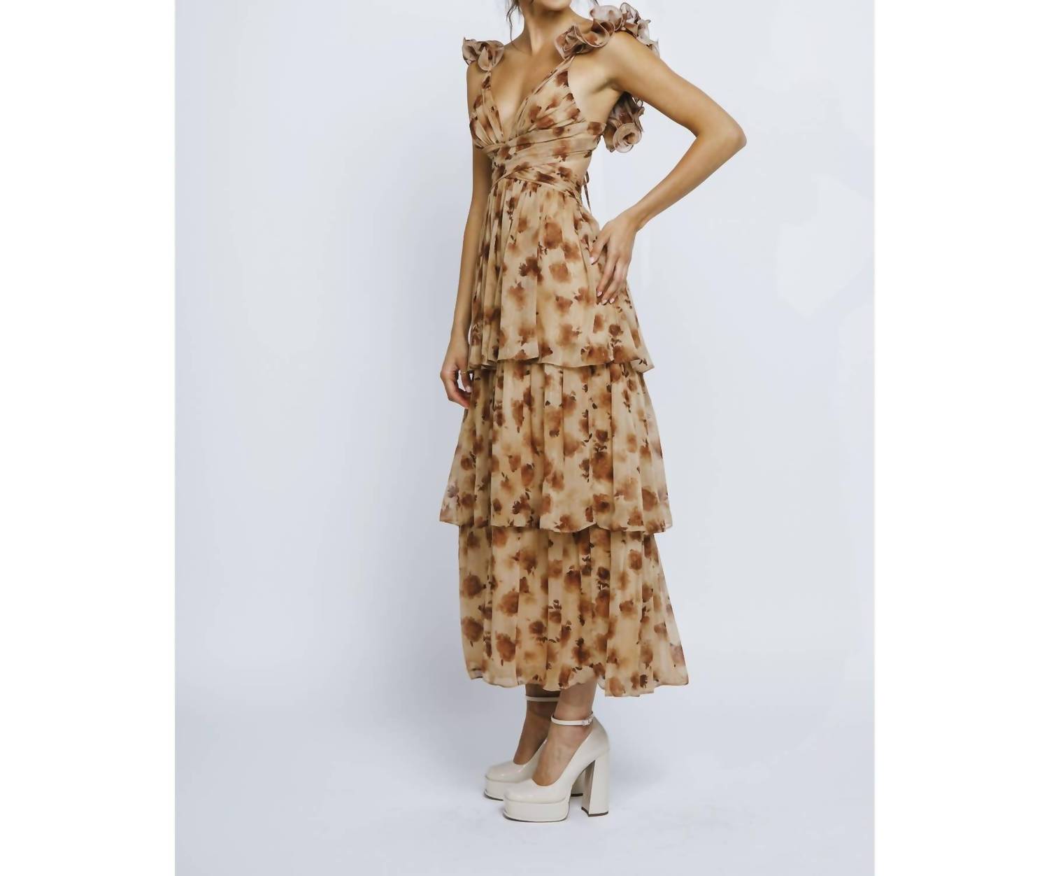 STORIA Autumn Tea Party Maxi Dress in brown - women's dress - alternate view
