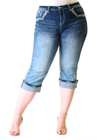 Grace In La - Cropped Embroidered Bling Stretch Cuffed Capri Jeans